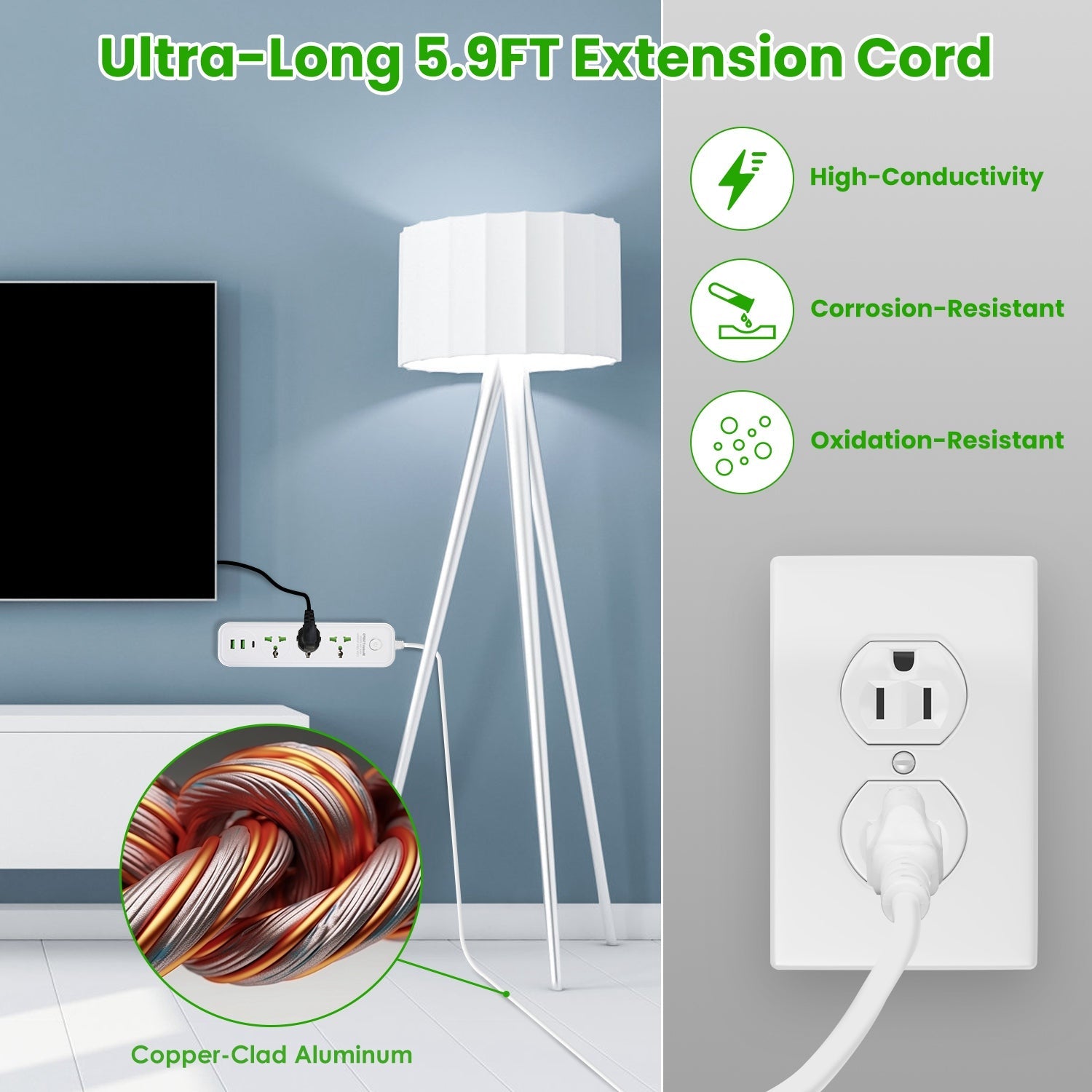 Power Strip with USB & Extension Cord